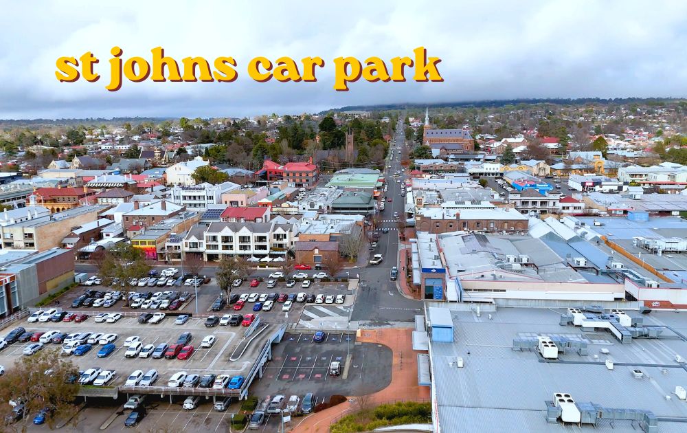 St Johns car park entrance with parking bays and directional signage